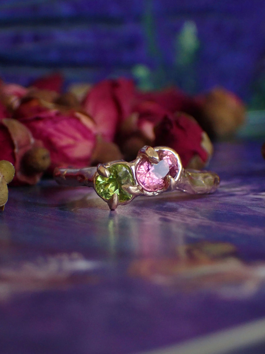 Aphrodite's Garden Ring  | Gold & Pink Tourmaline & Peridot Heart Band (OOAK & Ready to Ship)