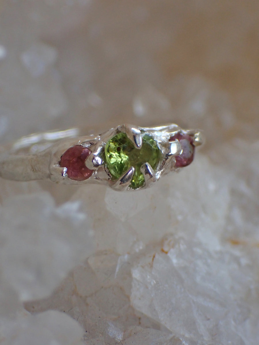 Love Amongst the Leaves Band | Silver Peridot & Tourmaline Ring (OOAK & Ready to Ship)