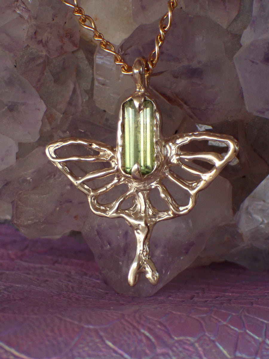 Luna Moth Pendant | Yellow Gold Peridot Necklace (OOAK & Ready to Ship)