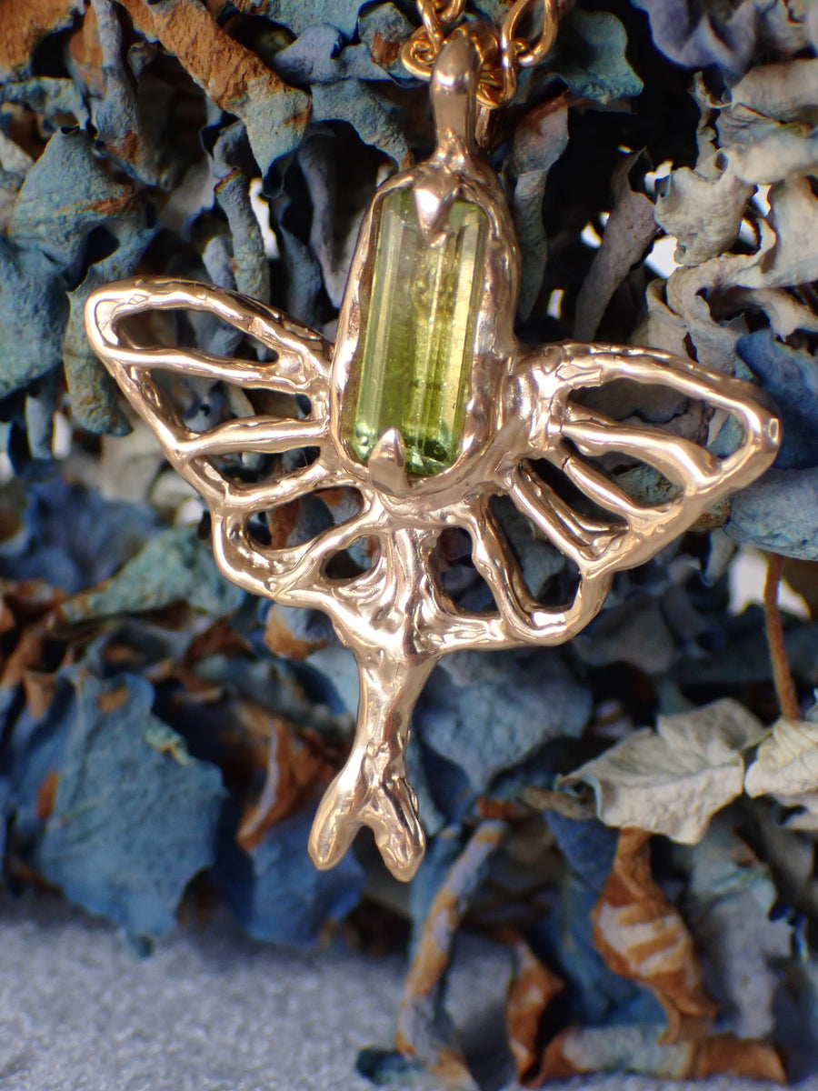 Luna Moth Pendant | Yellow Gold Peridot Necklace (OOAK & Ready to Ship)