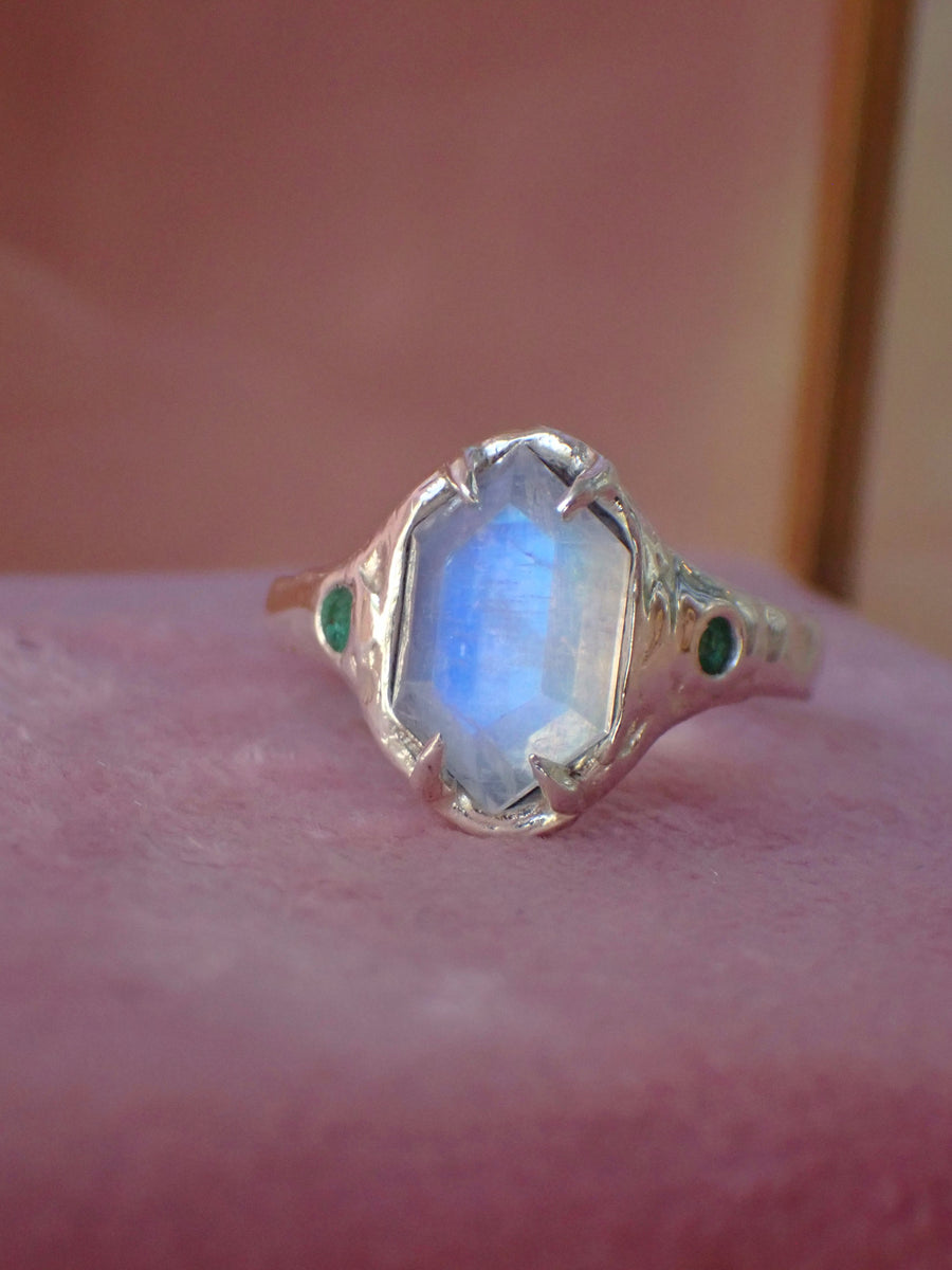 Moonbeam Band | Silver Rainbow Moonstone and Emerald Ring (OOAK & Ready to Ship)
