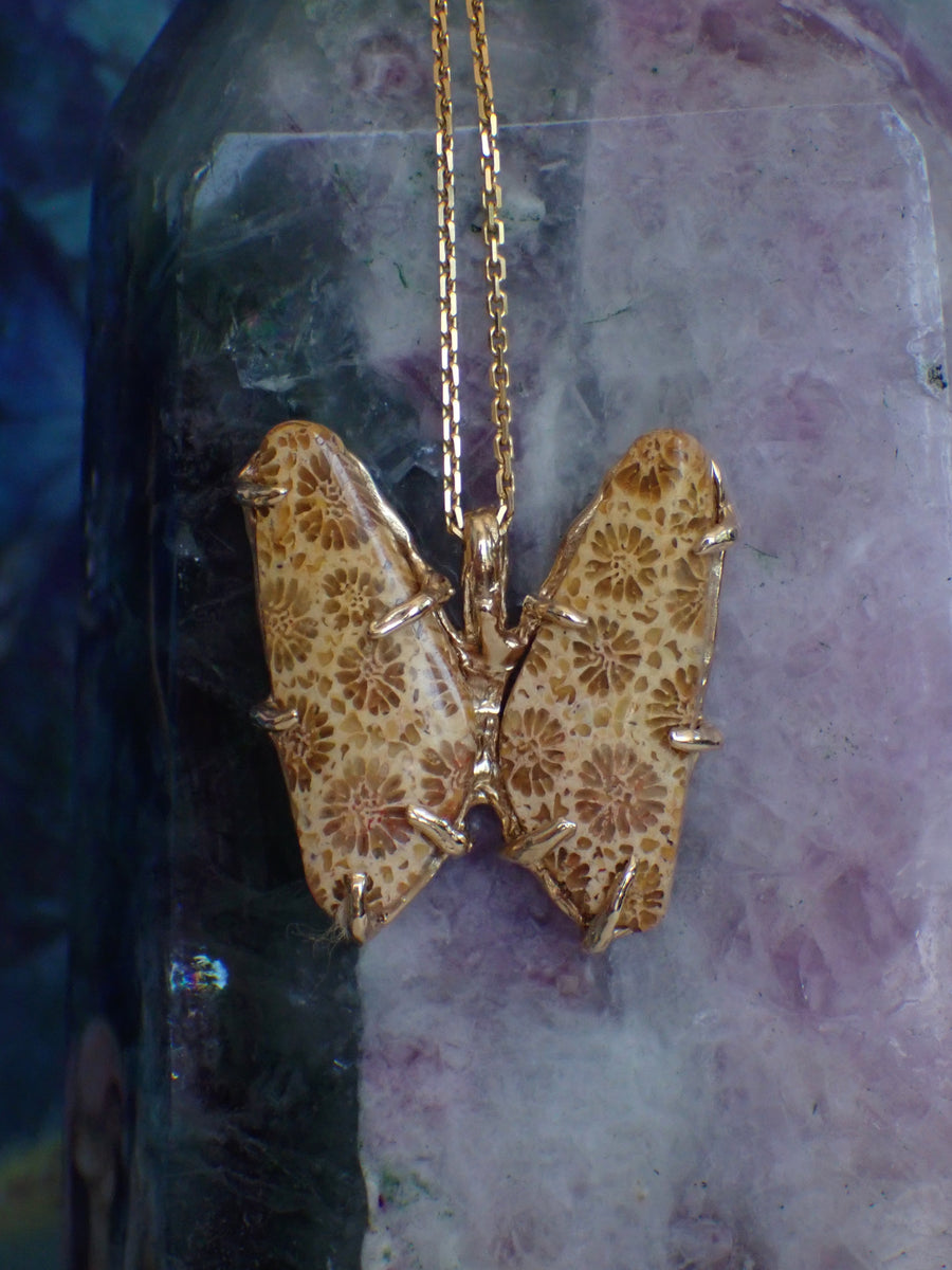 Coral Butterfly Pendant | Yellow Gold Fossilised Coral Butterfly Necklace (OOAK & Ready to Ship)