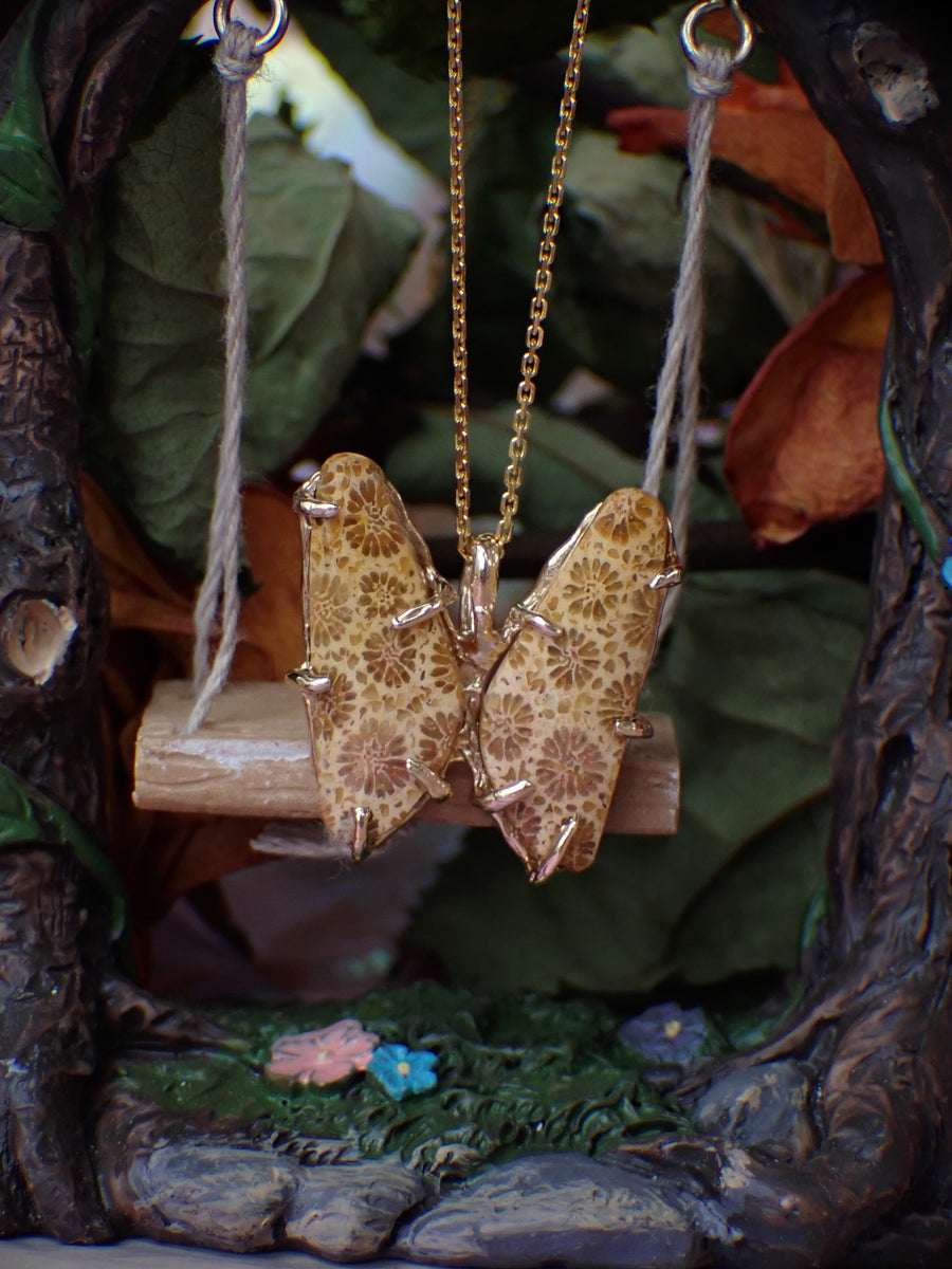 Coral Butterfly Pendant | Yellow Gold Fossilised Coral Butterfly Necklace (OOAK & Ready to Ship)