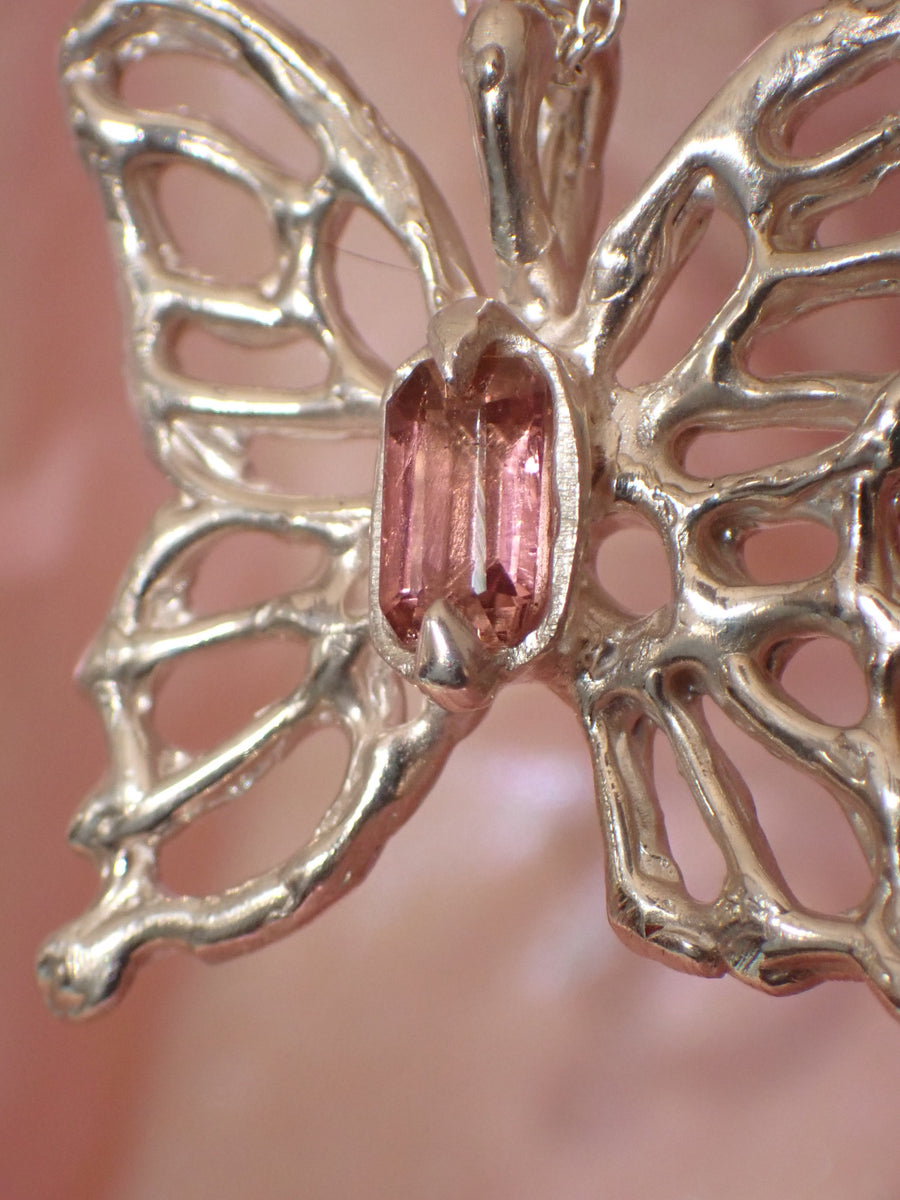 Rosewing Butterfly Pendant | Peach Tourmaline Molten Silver Butterfly Necklace (OOAK + Ready to Ship)