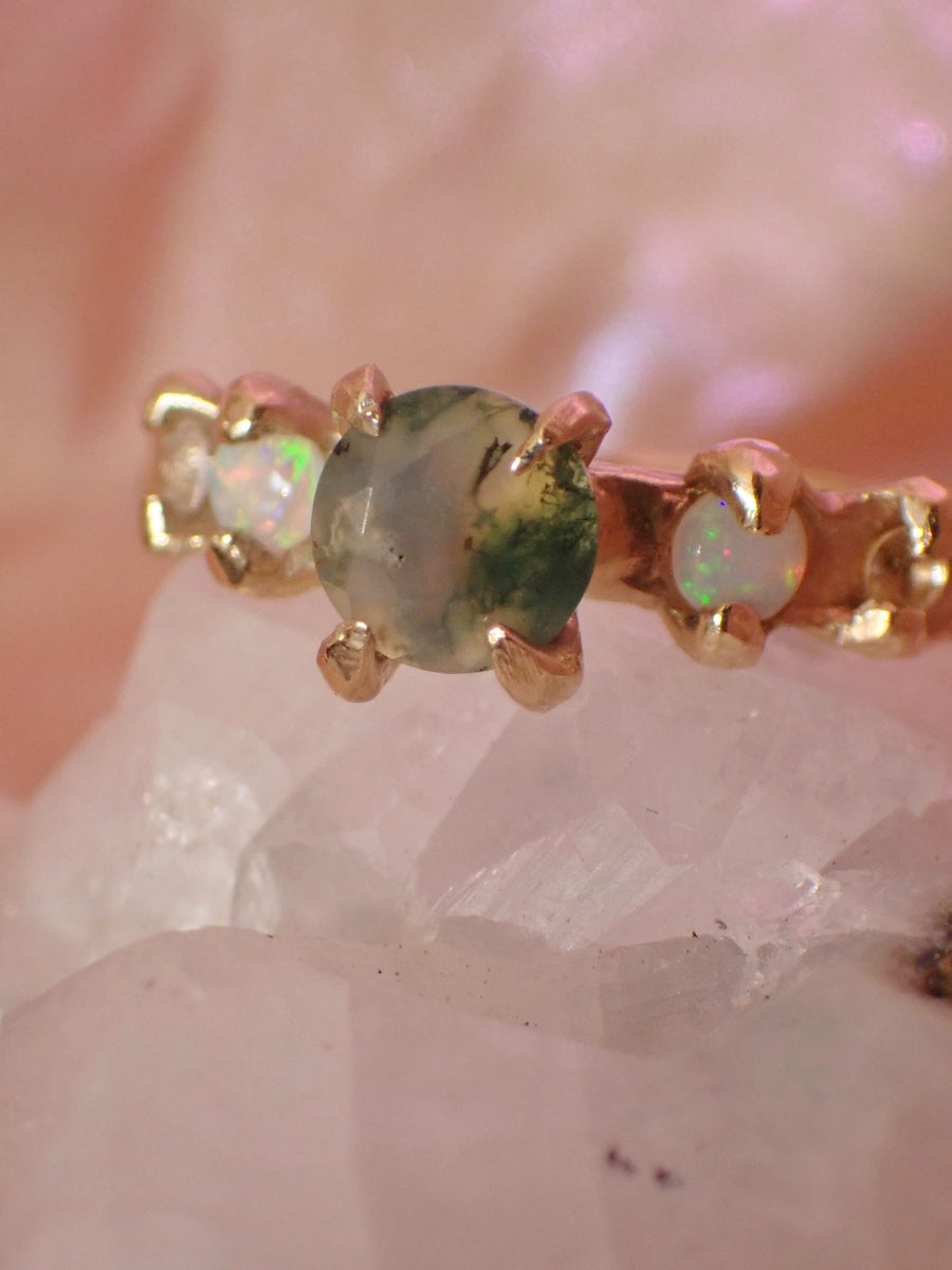 Faerie Glade Ring | Gold Moss Agate Ring | Size 8 / P 1/2 (OOAK + Ready to Ship)