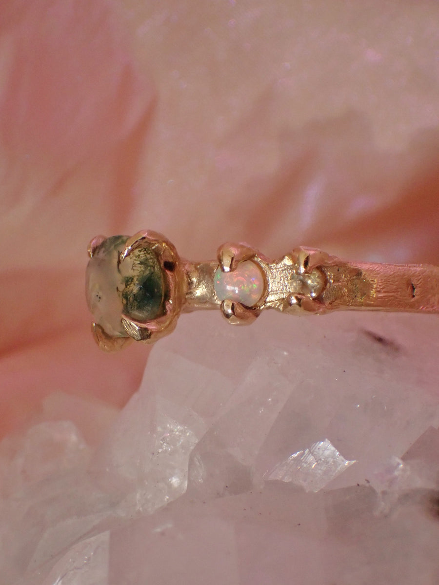 Faerie Glade Ring | Gold Moss Agate Ring | Size 8 / P 1/2 (OOAK + Ready to Ship)