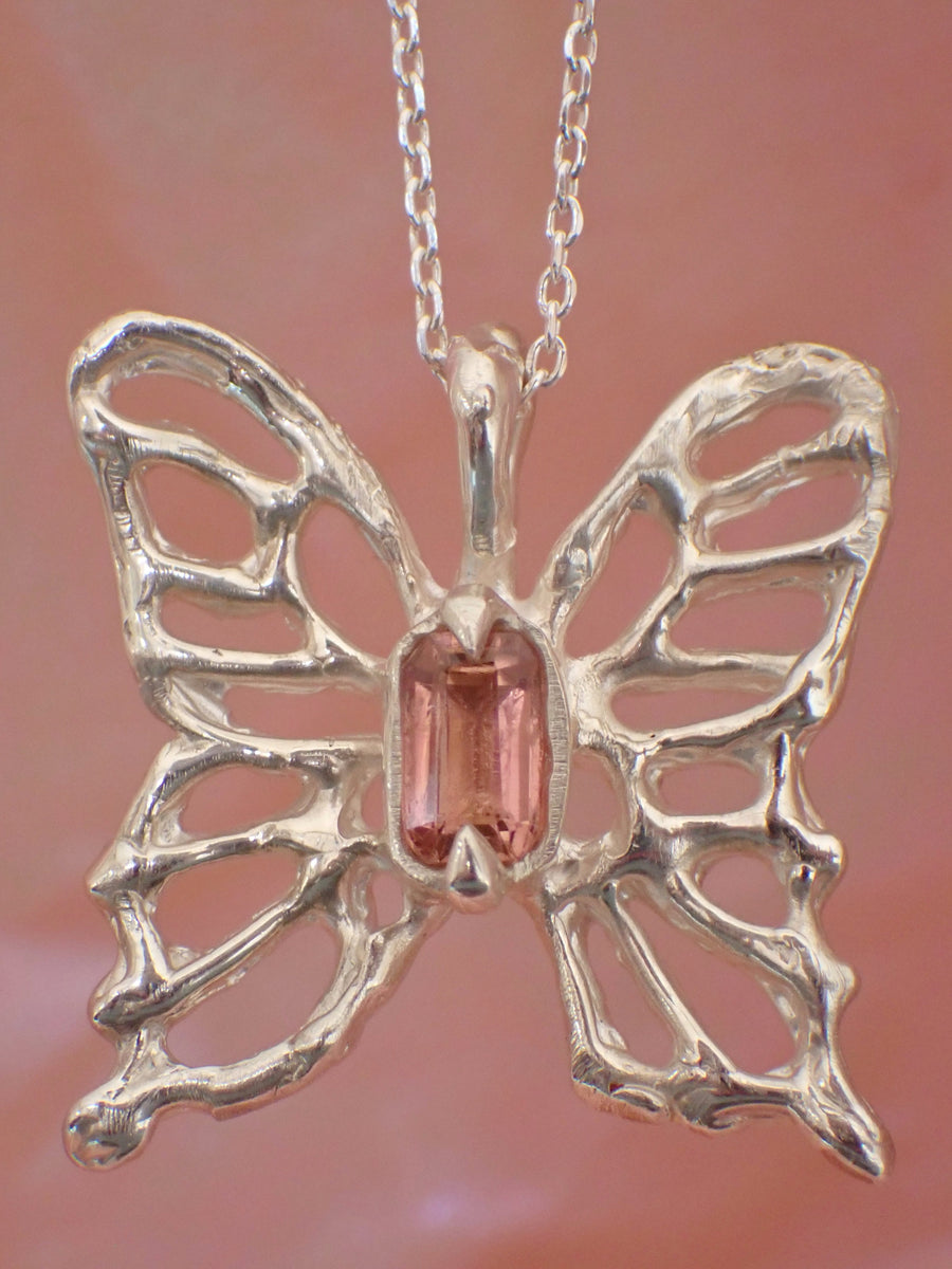 Rosewing Butterfly Pendant | Peach Tourmaline Molten Silver Butterfly Necklace (OOAK + Ready to Ship)