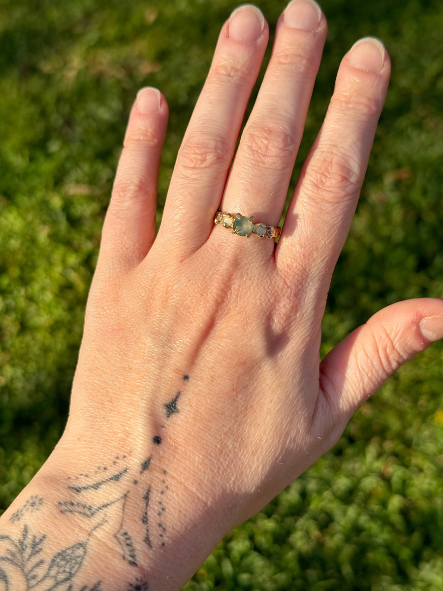 Faerie Glade Ring | Gold Moss Agate Ring | Size 8 / P 1/2 (OOAK + Ready to Ship)