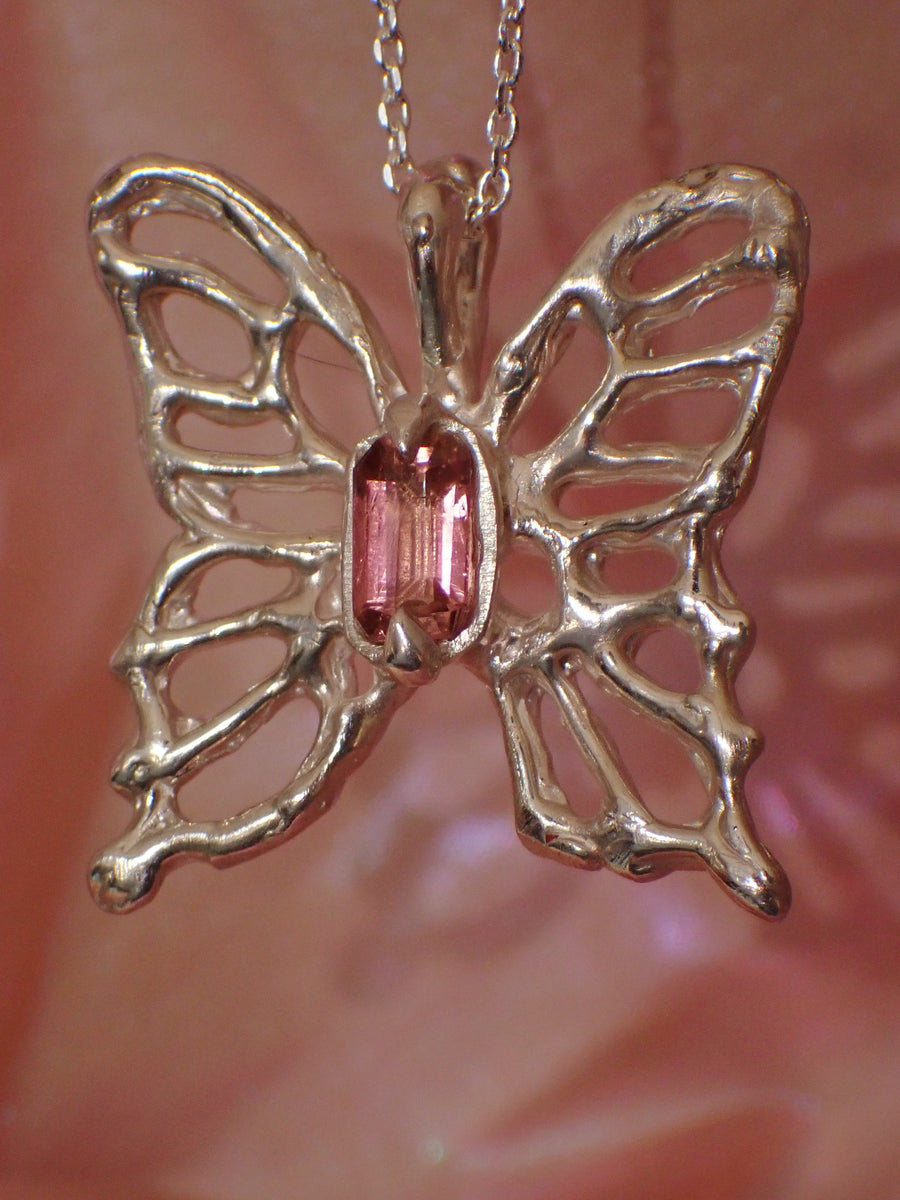 Rosewing Butterfly Pendant | Peach Tourmaline Molten Silver Butterfly Necklace (OOAK + Ready to Ship)