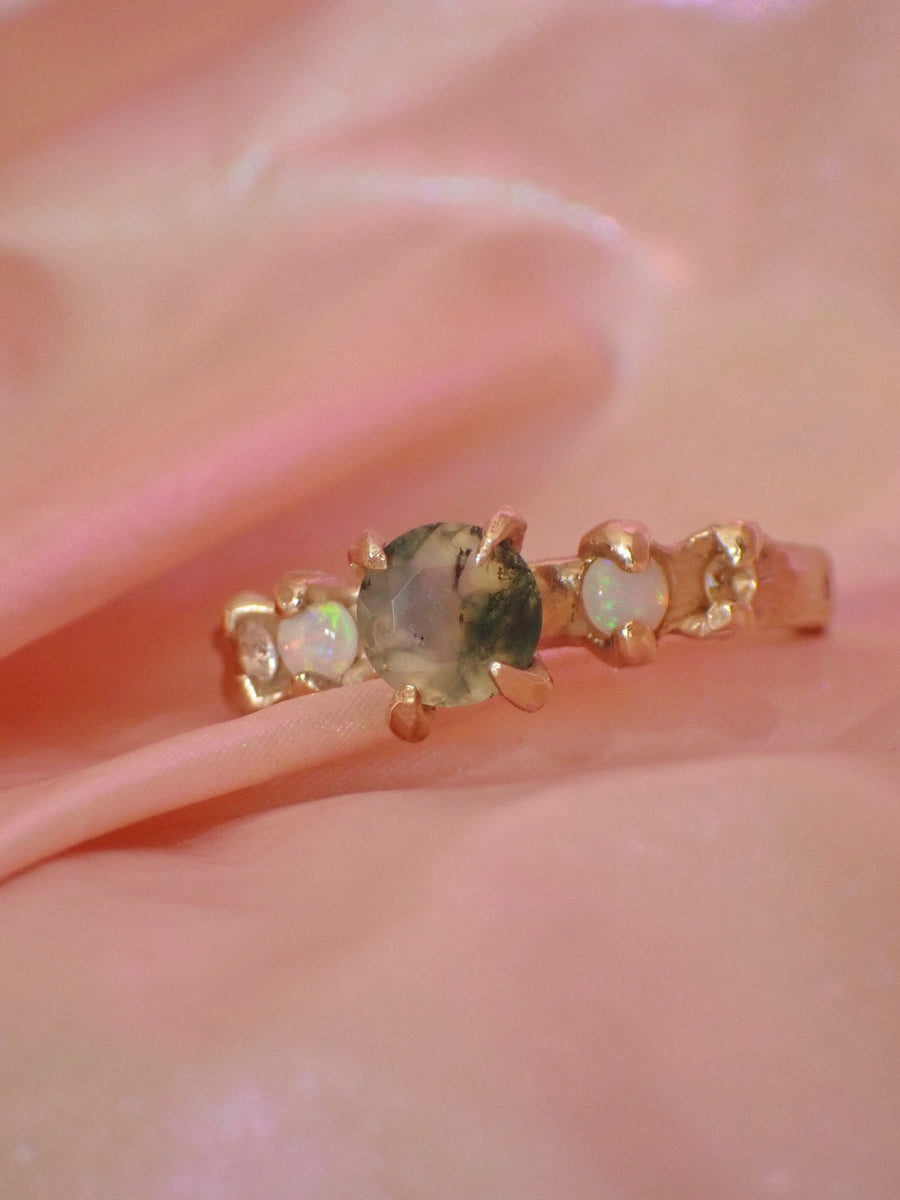 Faerie Glade Ring | Gold Moss Agate Ring | Size 8 / P 1/2 (OOAK + Ready to Ship)