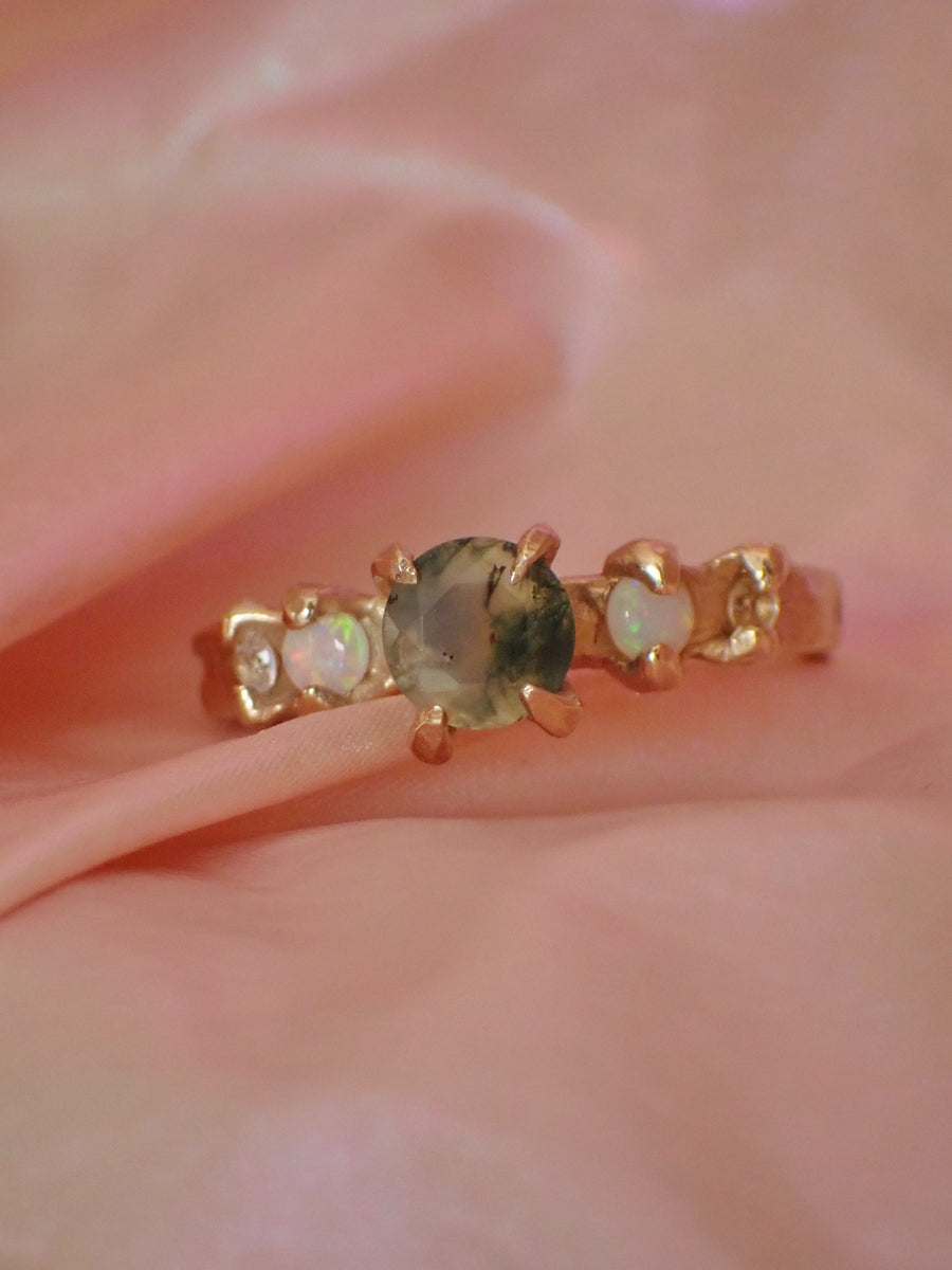 Faerie Glade Ring | Gold Moss Agate Ring | Size 8 / P 1/2 (OOAK + Ready to Ship)