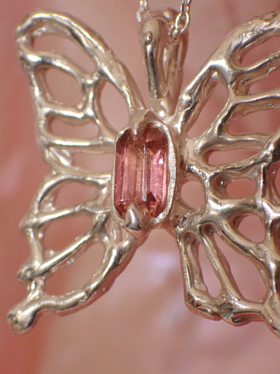 Rosewing Butterfly Pendant | Peach Tourmaline Molten Silver Butterfly Necklace (OOAK + Ready to Ship)