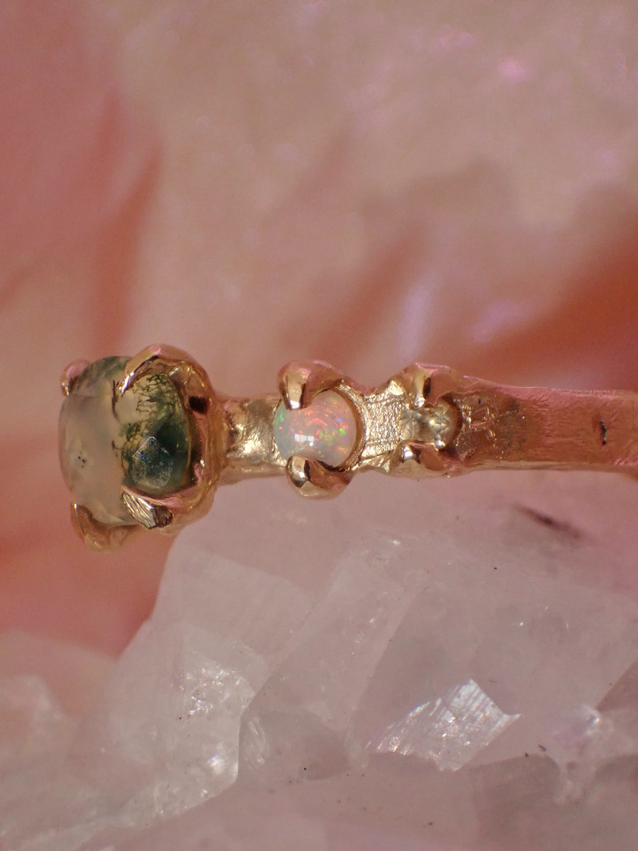Faerie Glade Ring | Gold Moss Agate Ring | Size 8 / P 1/2 (OOAK + Ready to Ship)