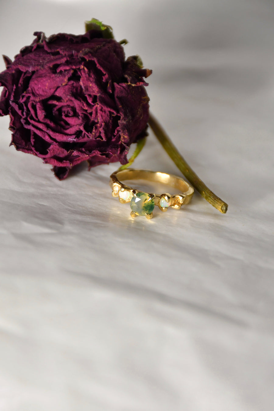Faerie Glade Ring | Gold Moss Agate Ring | Size 8 / P 1/2 (OOAK + Ready to Ship)