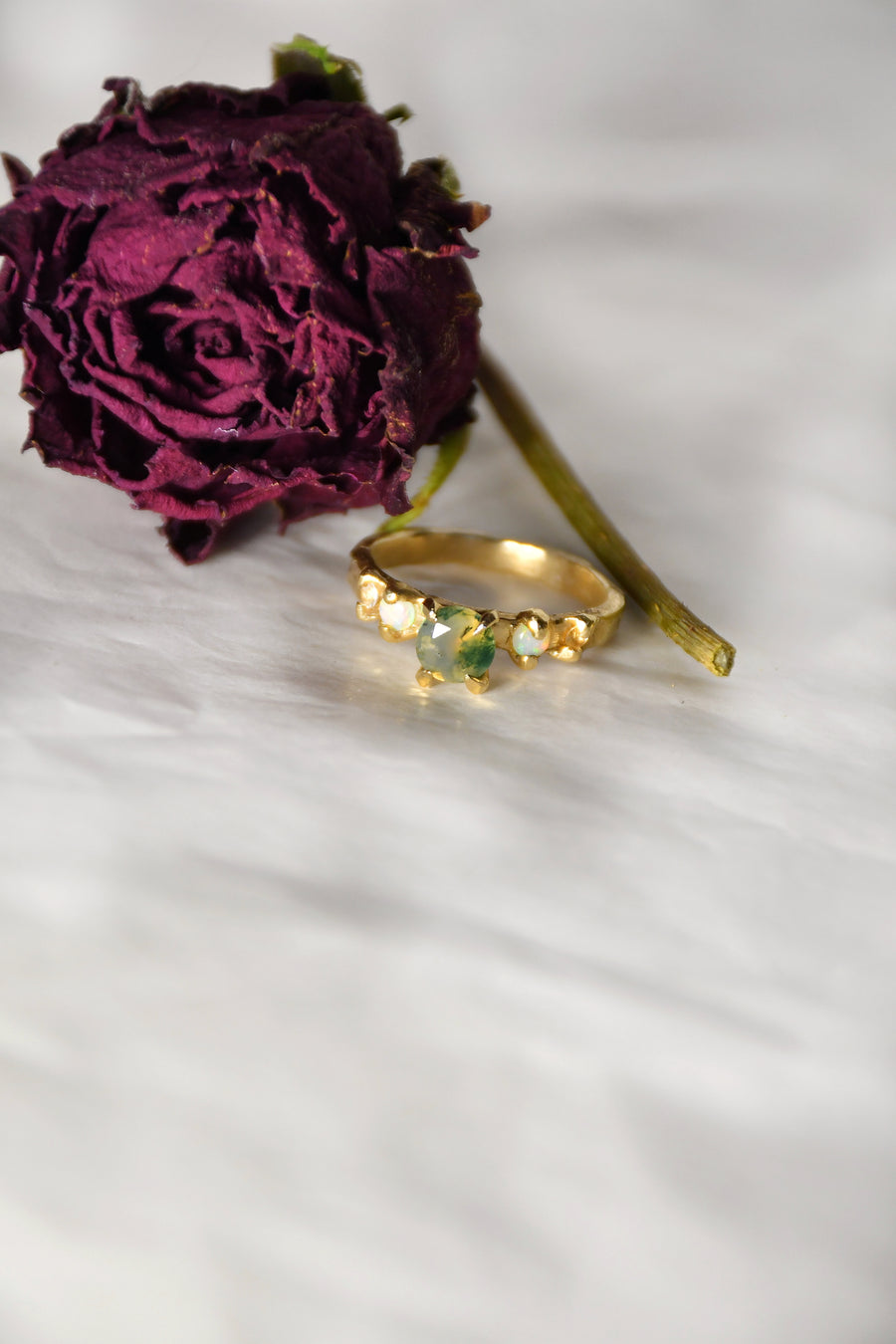 Faerie Glade Ring | Gold Moss Agate Ring | Size 8 / P 1/2 (OOAK + Ready to Ship)
