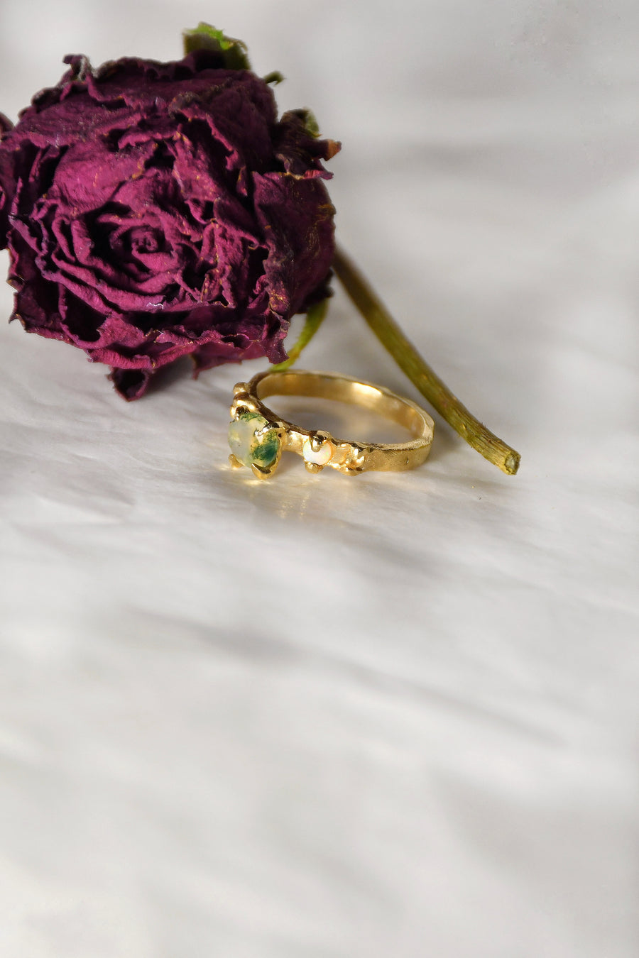 Faerie Glade Ring | Gold Moss Agate Ring | Size 8 / P 1/2 (OOAK + Ready to Ship)
