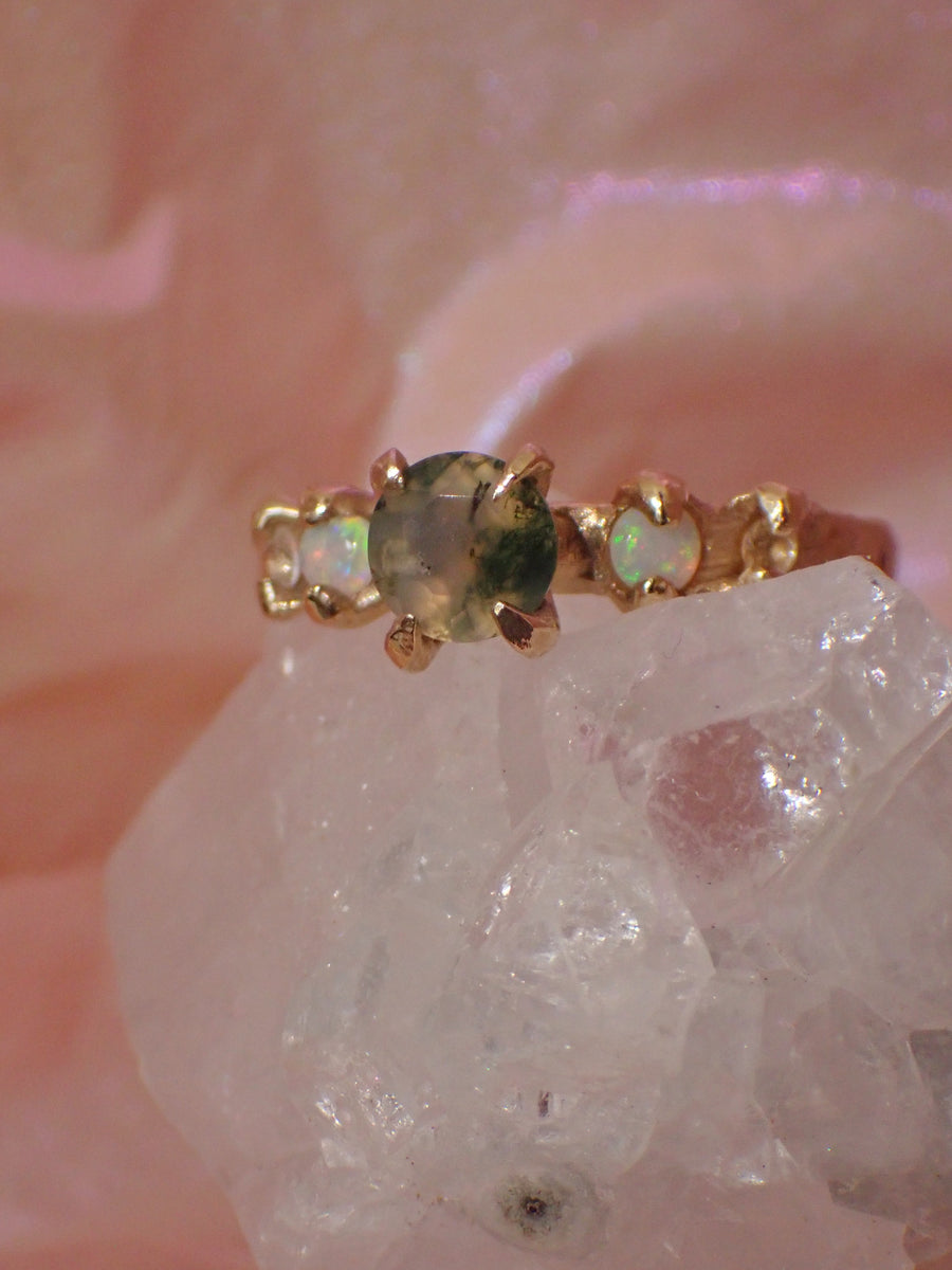 Faerie Glade Ring | Gold Moss Agate Ring | Size 8 / P 1/2 (OOAK + Ready to Ship)