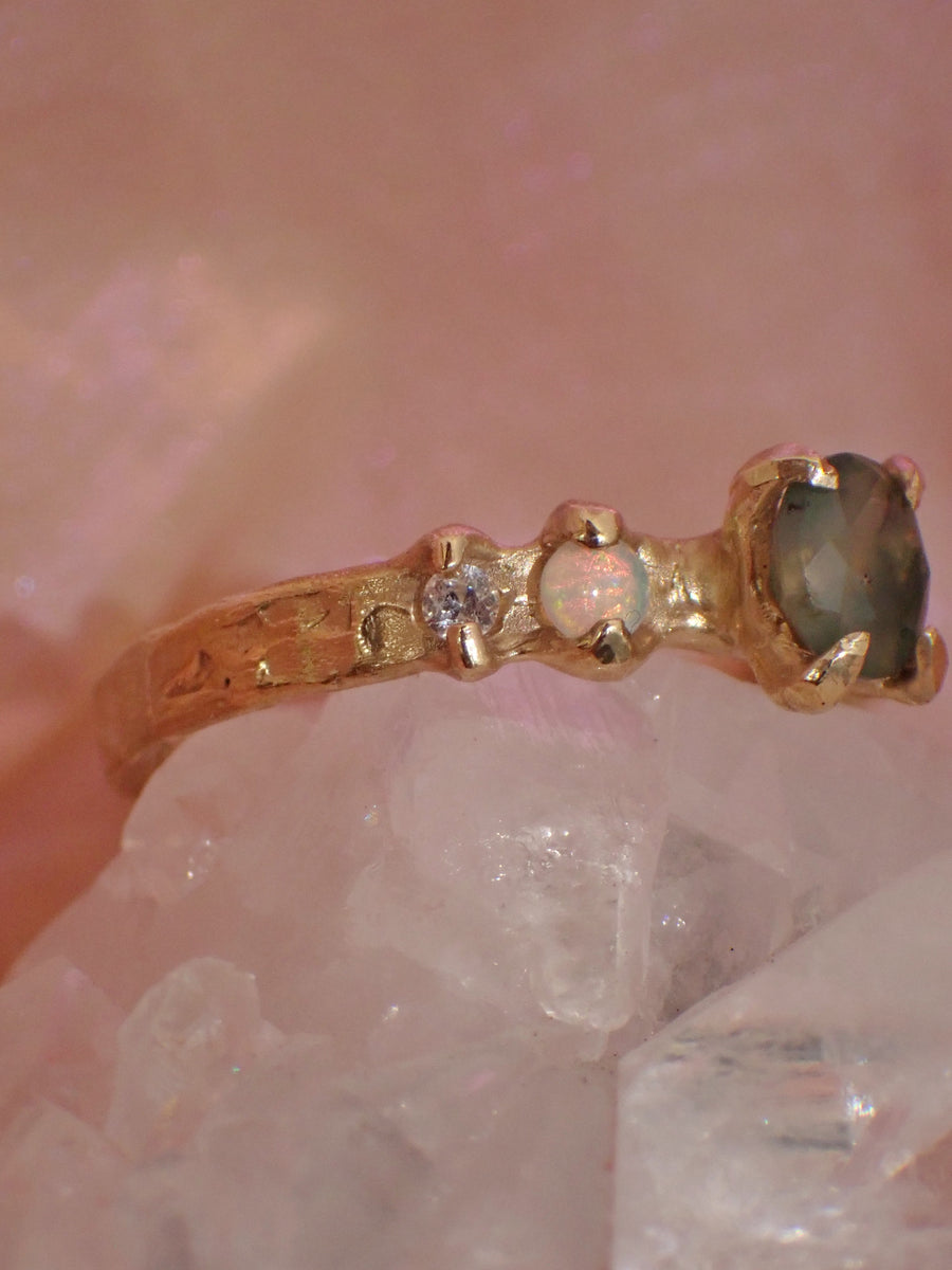 Faerie Glade Ring | Gold Moss Agate Ring | Size 8 / P 1/2 (OOAK + Ready to Ship)