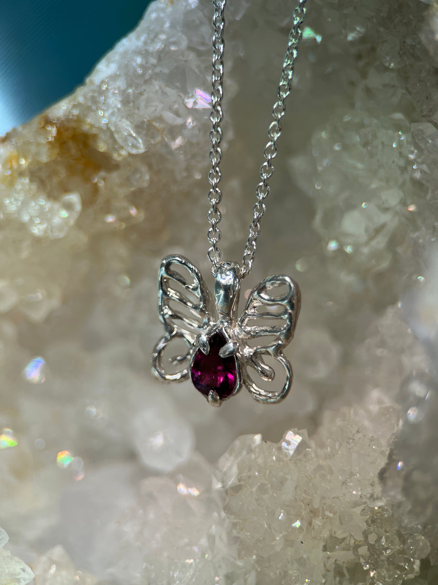 Lacewing Butterfly Pendant | Molten Silver Garnet Butterfly Necklace