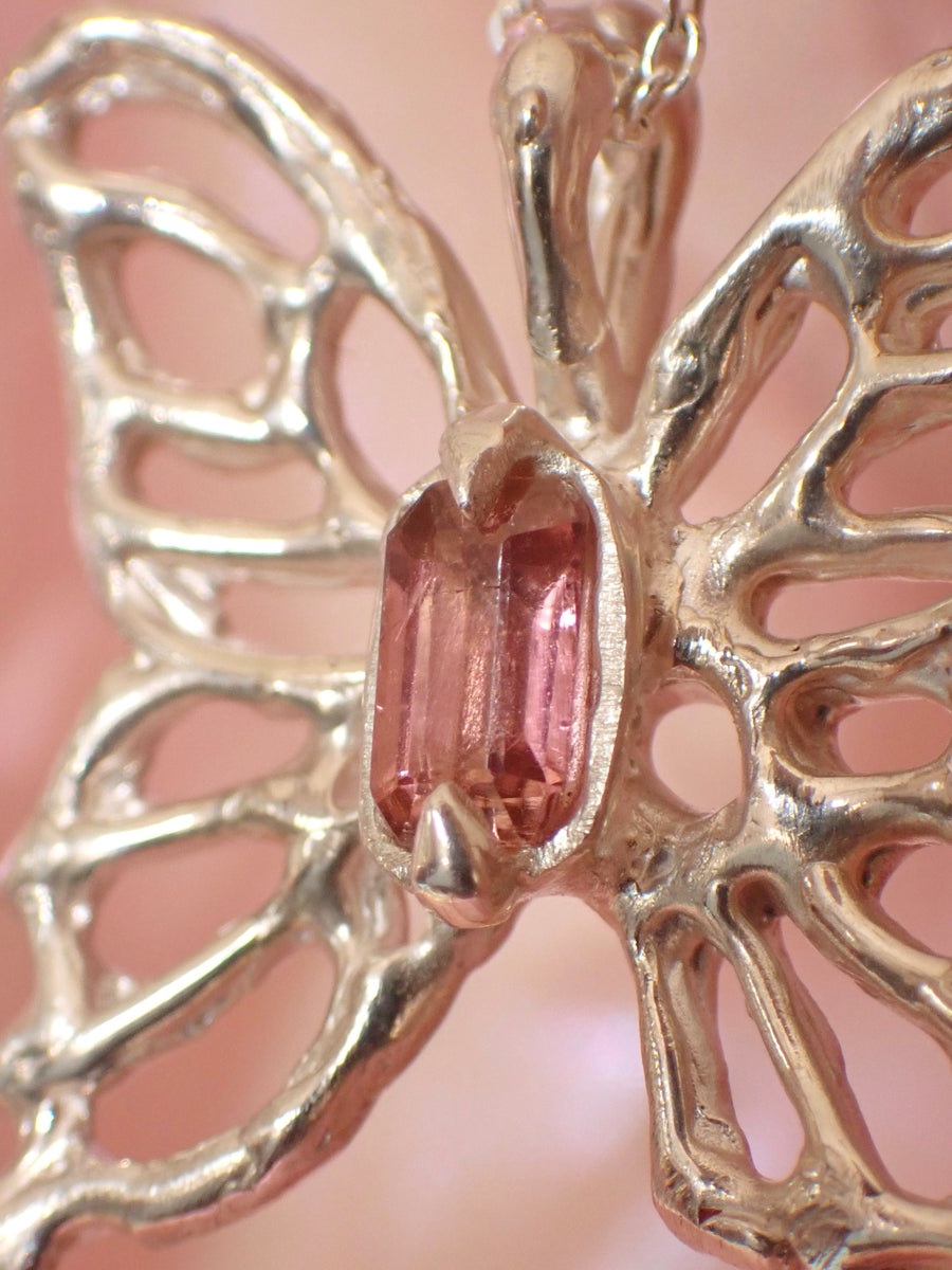 Rosewing Butterfly Pendant | Peach Tourmaline Molten Silver Butterfly Necklace (OOAK + Ready to Ship)