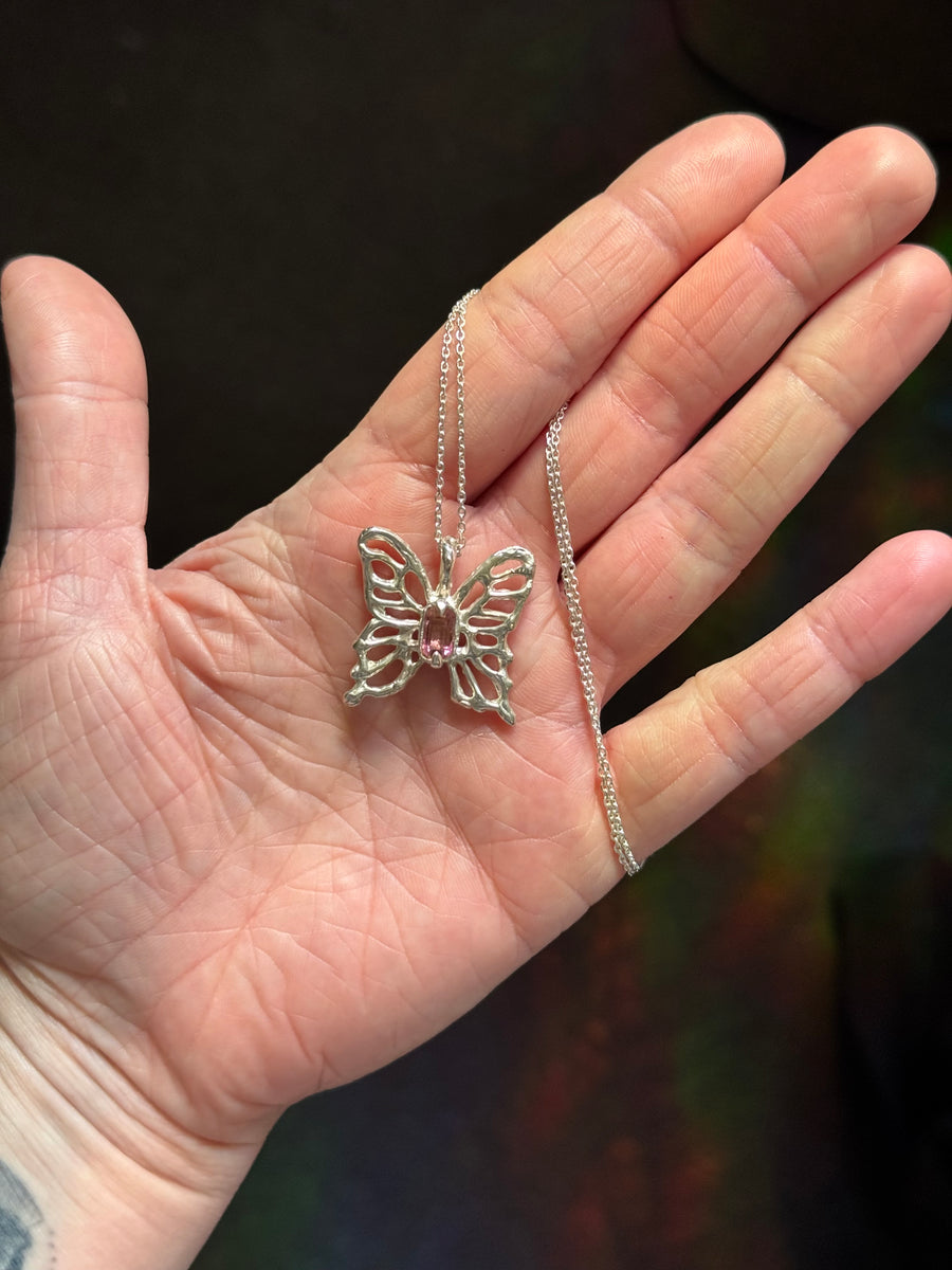 Rosewing Butterfly Pendant | Peach Tourmaline Molten Silver Butterfly Necklace (OOAK + Ready to Ship)