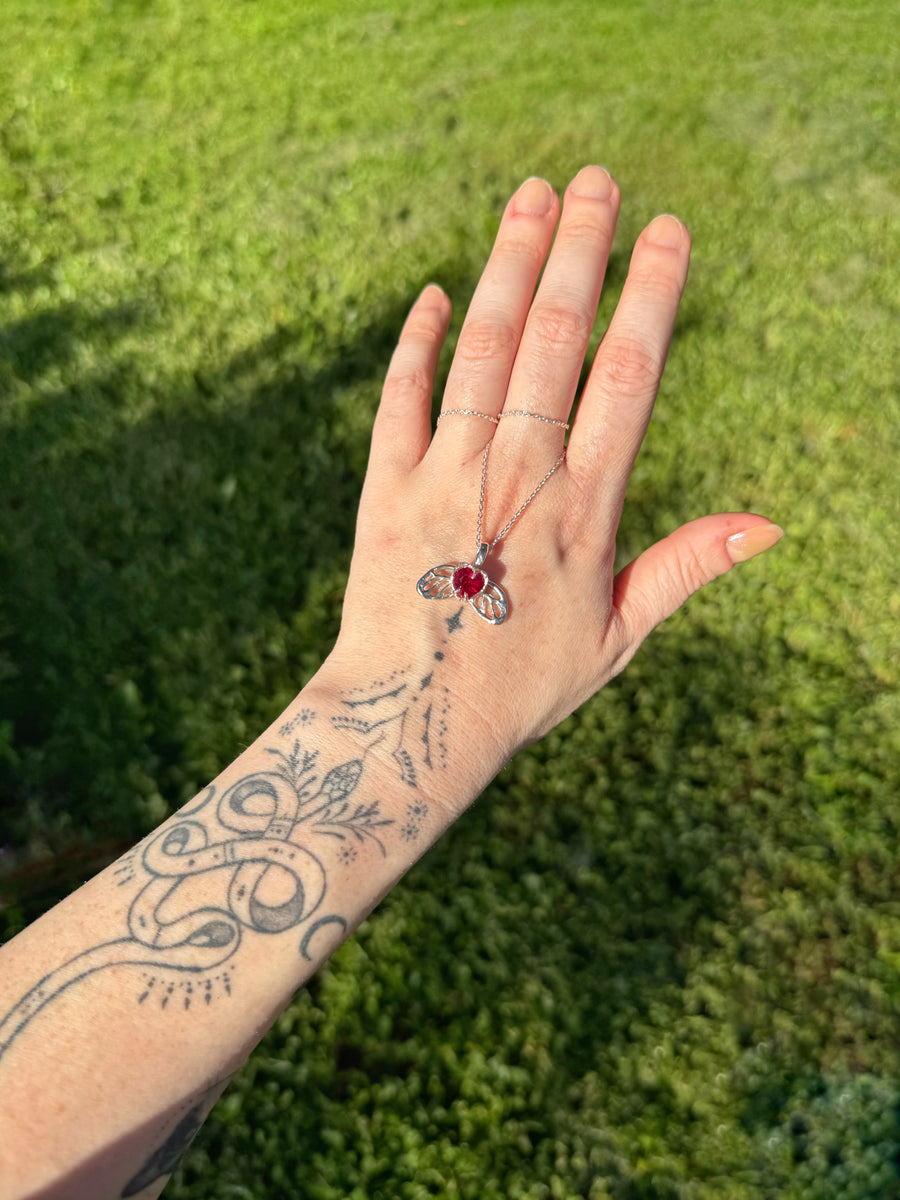 Lovefire Butterfly Pendant | Silver Ruby Heart Butterfly Necklace (OOAK & Ready to Ship)