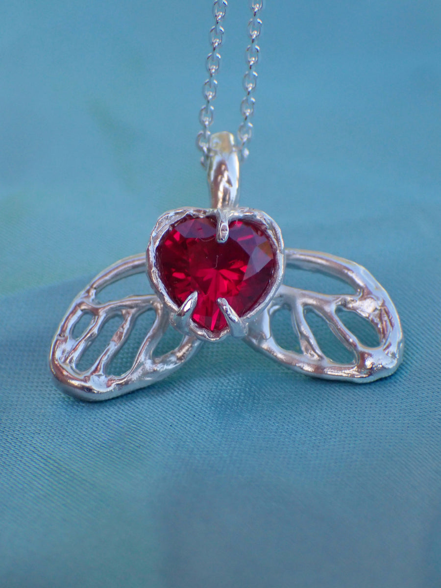 Lovefire Butterfly Pendant | Silver Ruby Heart Butterfly Necklace (OOAK & Ready to Ship)