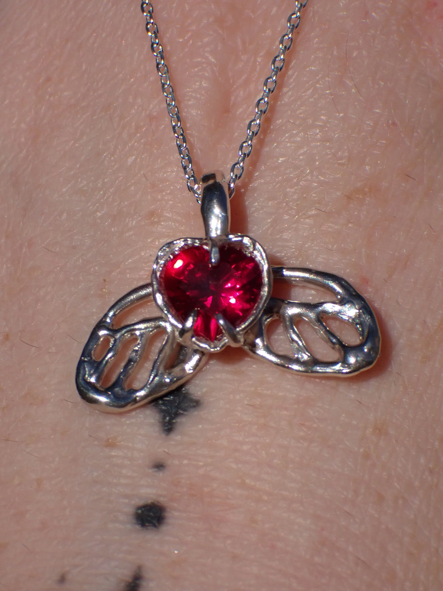 Lovefire Butterfly Pendant | Silver Ruby Heart Butterfly Necklace (OOAK & Ready to Ship)