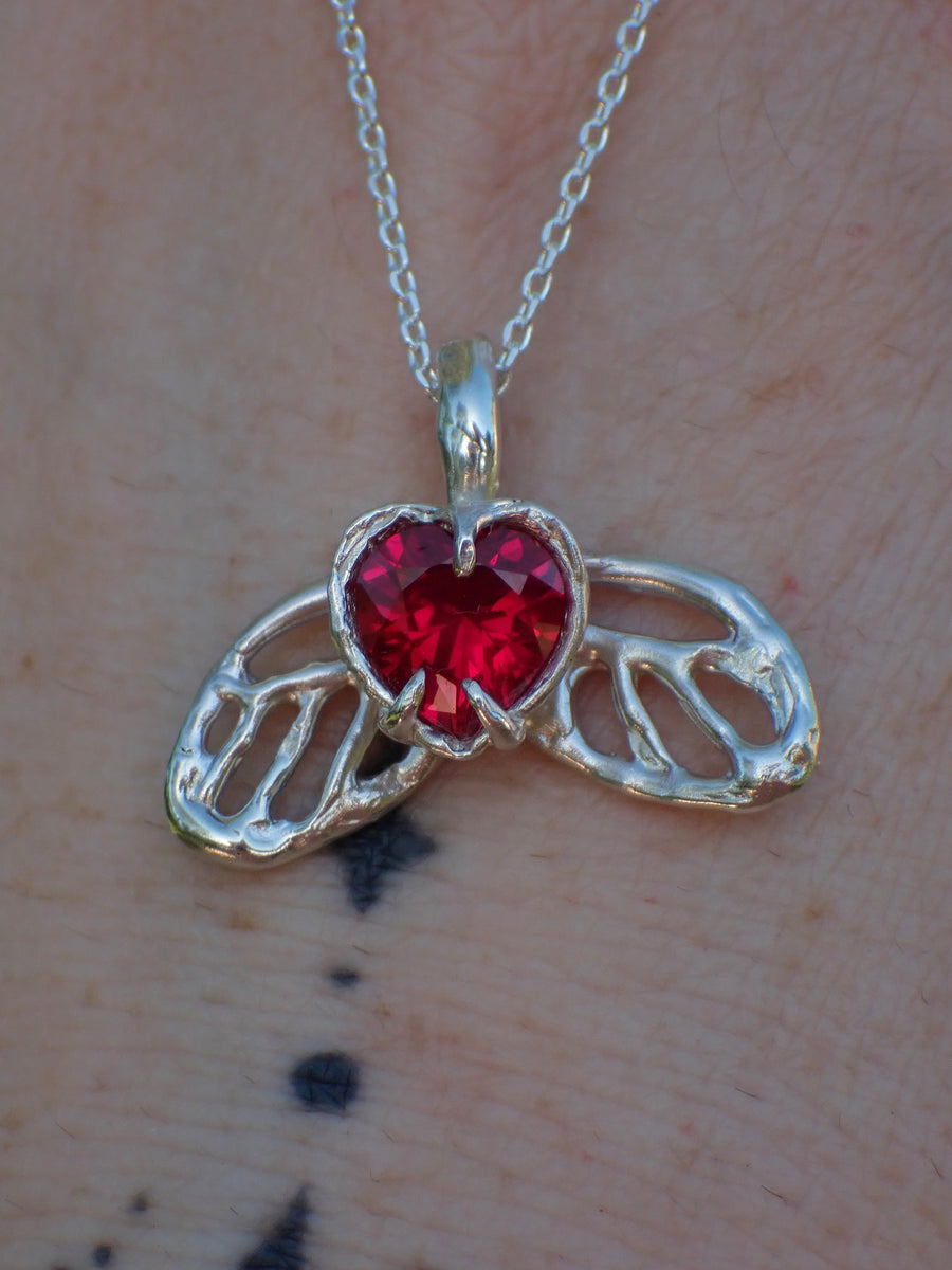 Lovefire Butterfly Pendant | Silver Ruby Heart Butterfly Necklace (OOAK & Ready to Ship)