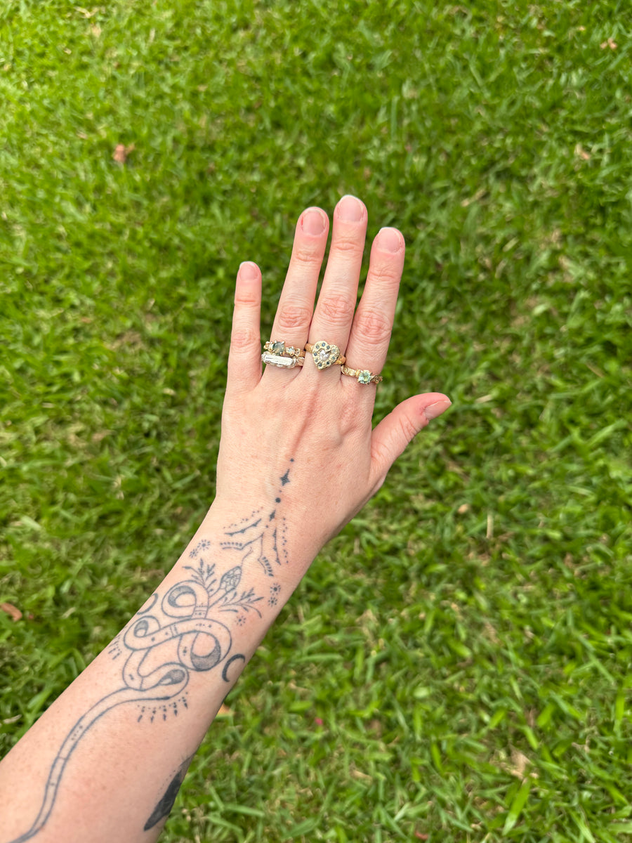 Faerie Glade Ring | Gold Moss Agate Ring | Size 8 / P 1/2 (OOAK + Ready to Ship)