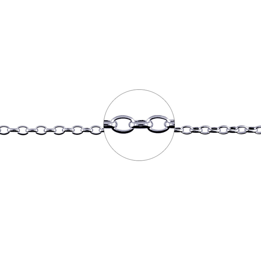 Close-up of a silver chain with a clear circle highlighting a link on a white background