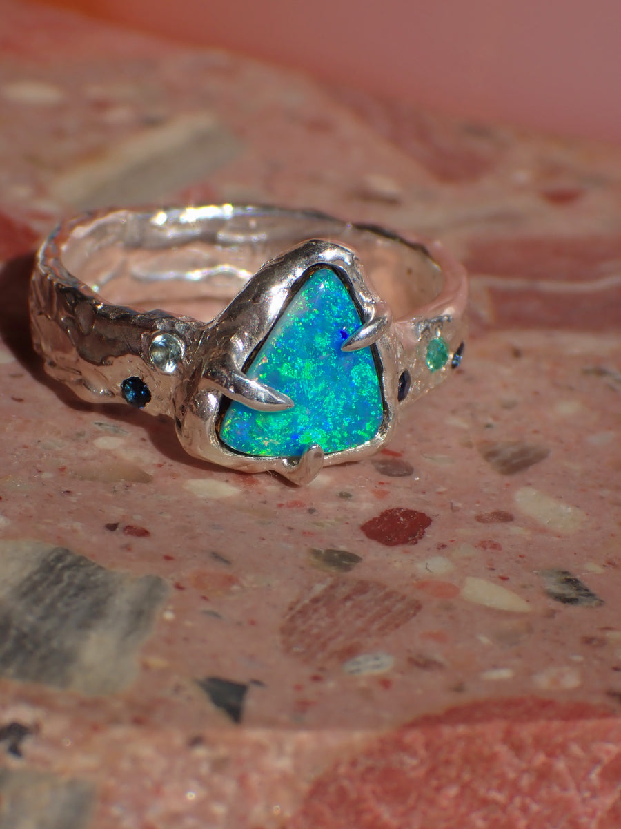 Neptune’s Jewels Ring | Silver Opal,  Sapphire & Emerald Ring