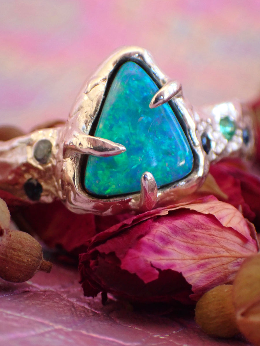 Neptune’s Jewels Ring | Silver Opal,  Sapphire & Emerald Ring