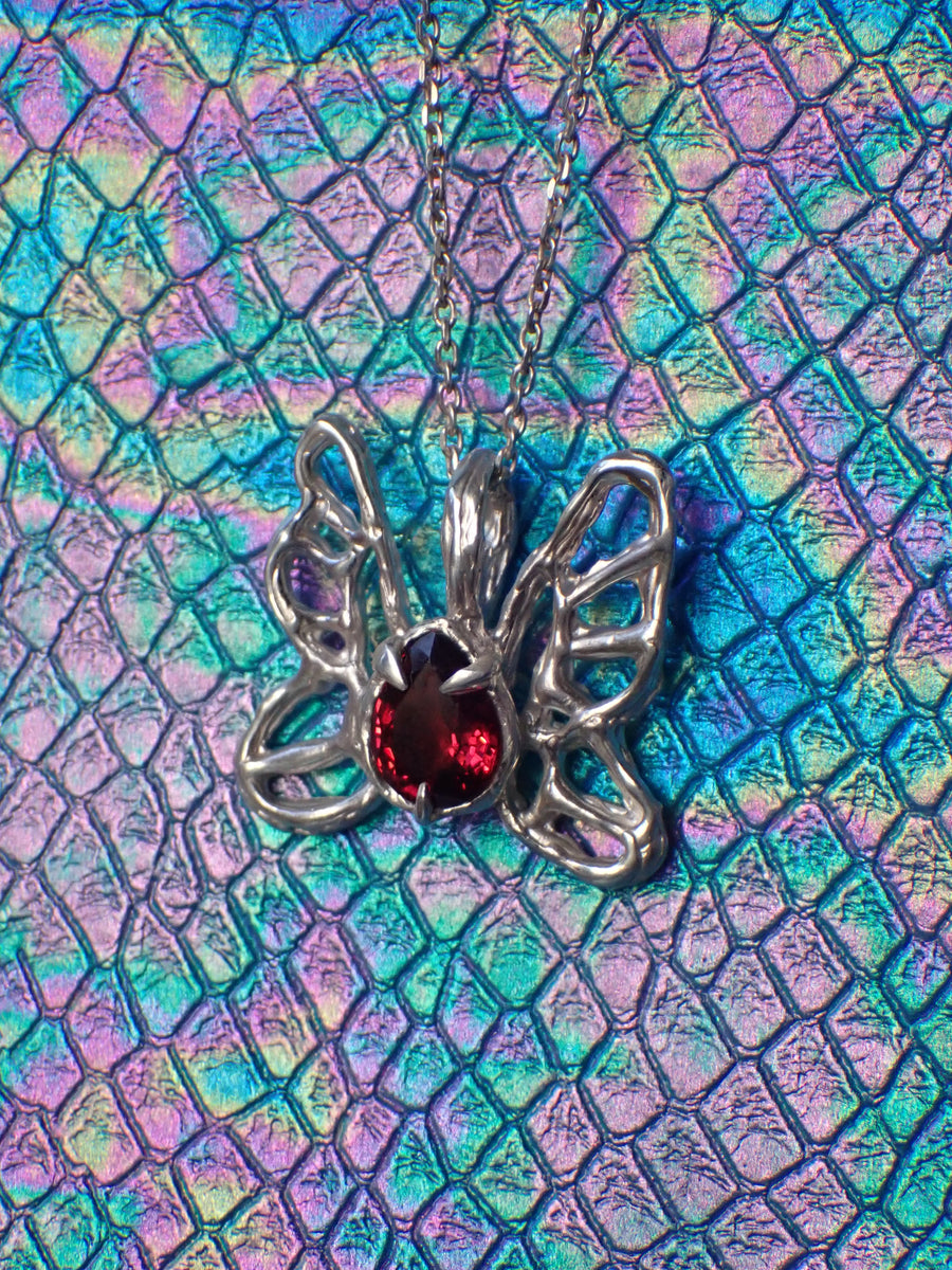 Scarlet Peacock Butterfly Pendant | Silver Garnet Necklace