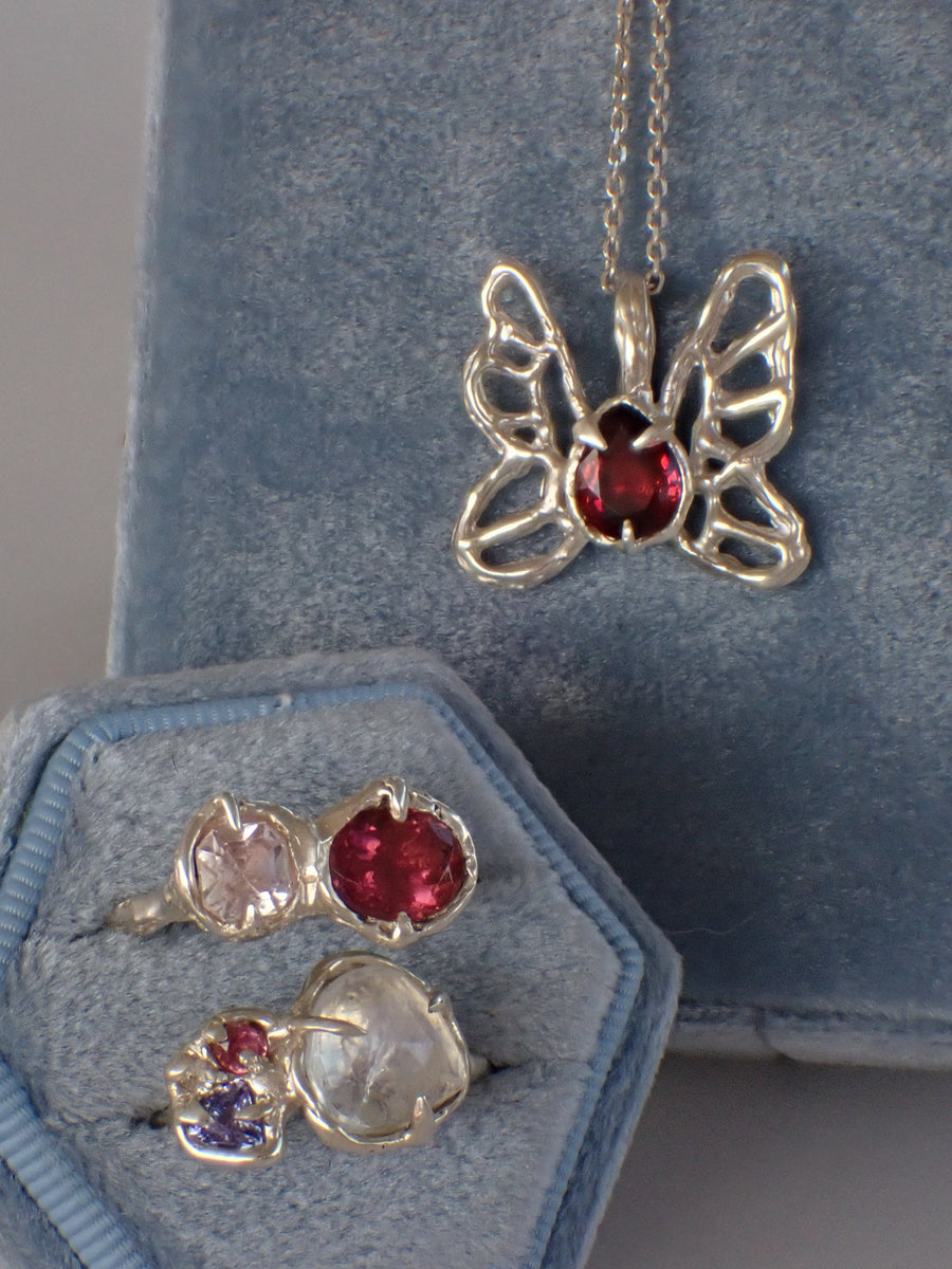 Scarlet Peacock Butterfly Pendant | Silver Garnet Necklace