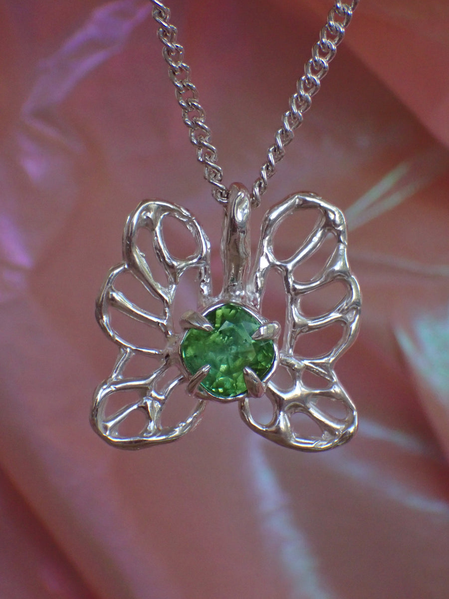 Malachite Butterfly Pendant | OOAK Green Tourmaline Molten Silver Butterfly Necklace