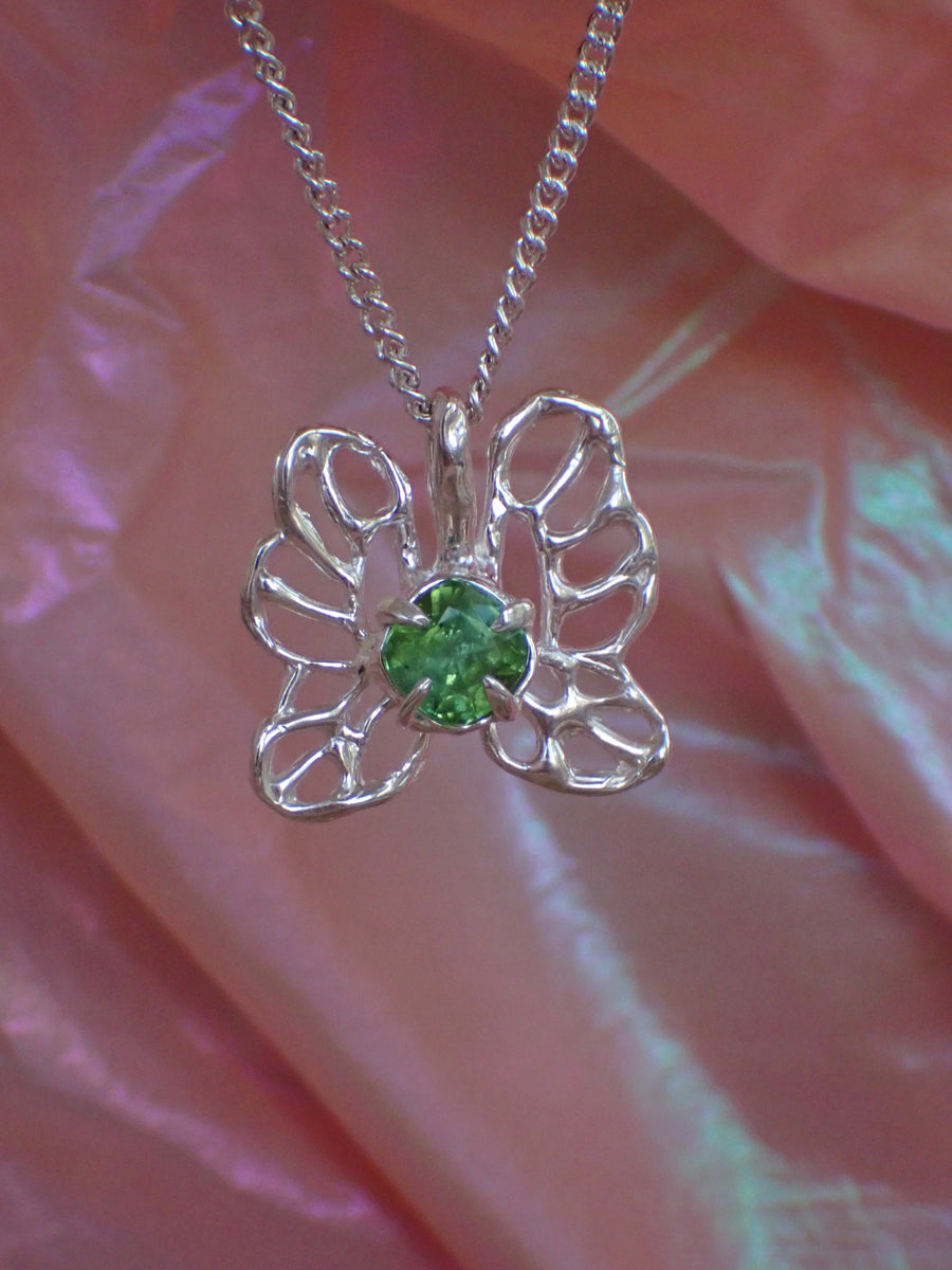 Malachite Butterfly Pendant | OOAK Green Tourmaline Molten Silver Butterfly Necklace