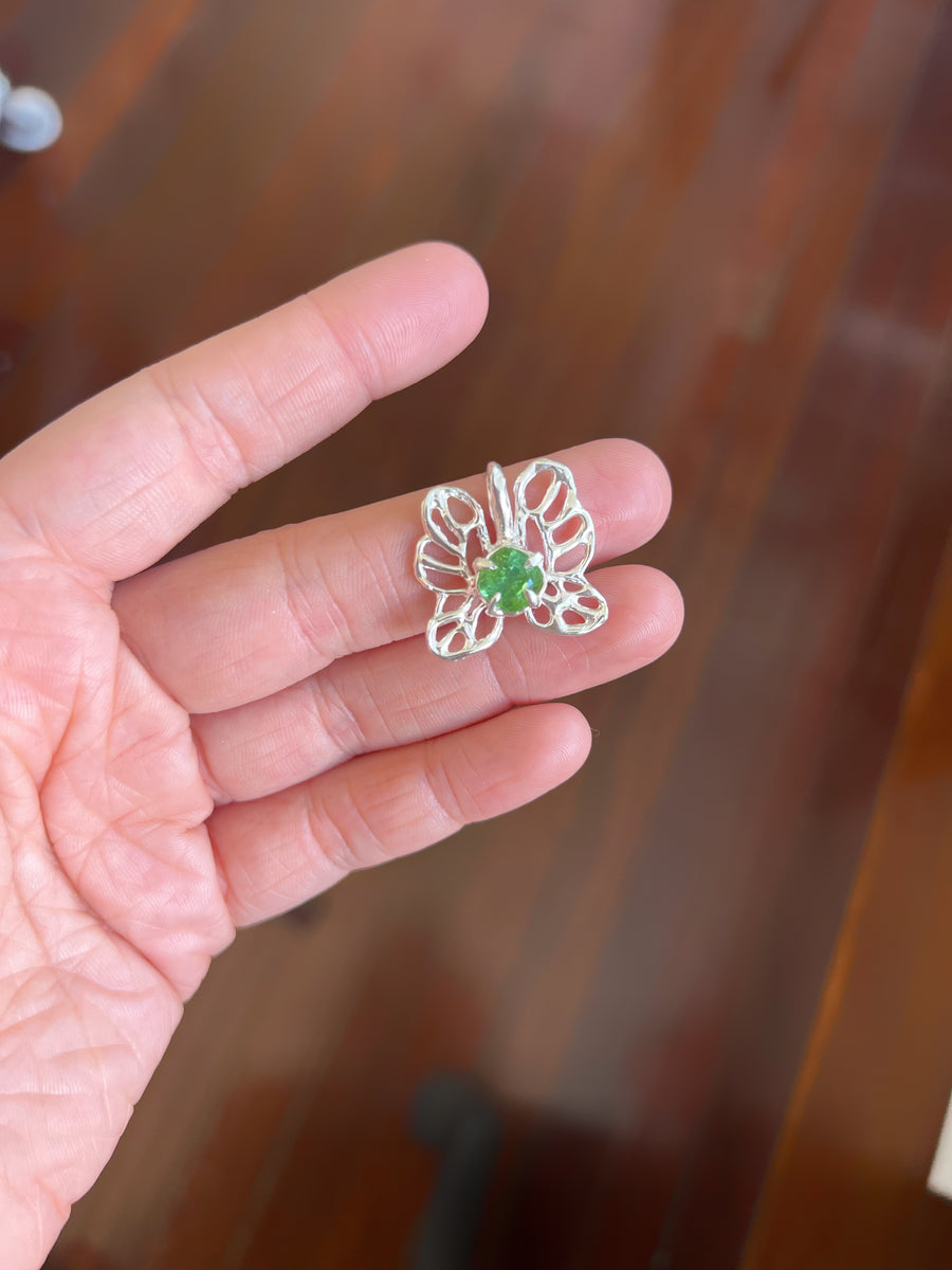 Malachite Butterfly Pendant | Silver Green Tourmaline Butterfly Necklace (OOAK & Ready to Ship)