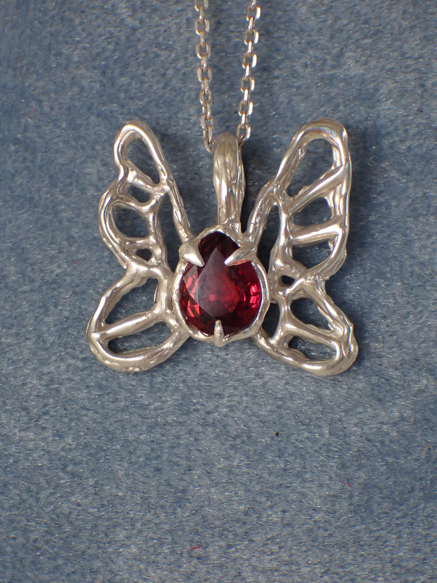 Scarlet Peacock Butterfly Pendant | Silver Garnet Necklace (OOAK & Ready to Ship)