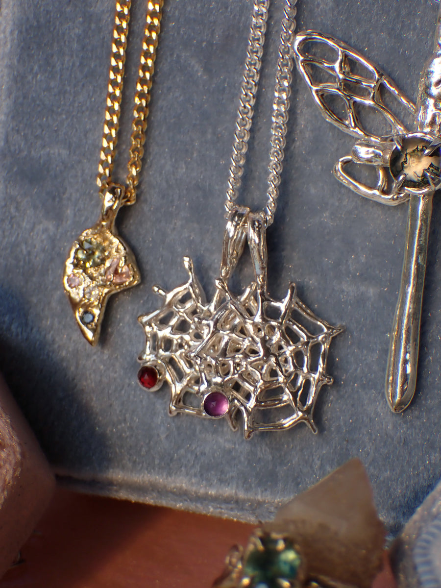 Orb Weaver Pendant | Molten Cobweb Custom Gemstone Necklace in Gold or Silver