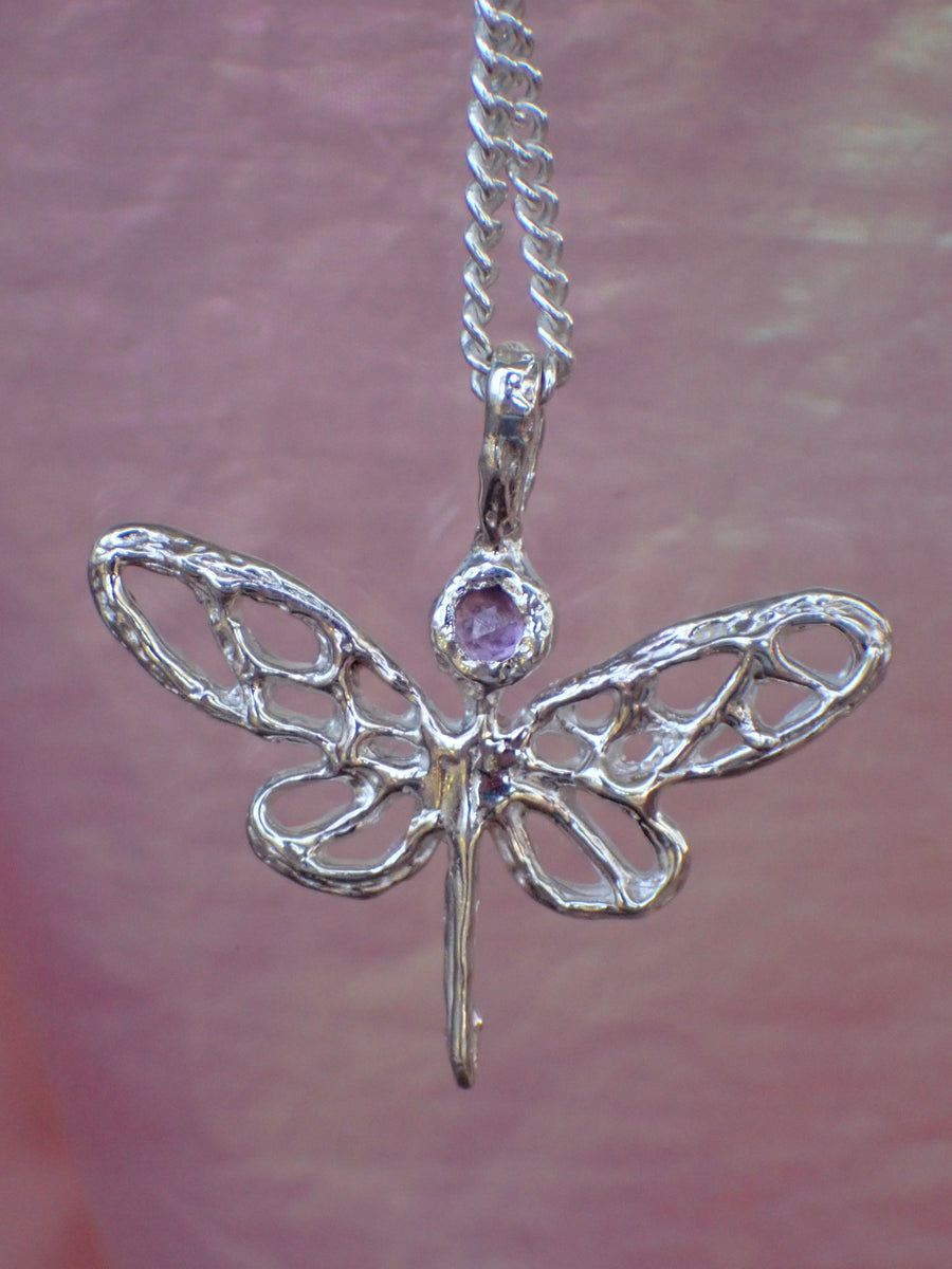 Dragonfly Pendant | Molten Dragonfly Necklace with Custom Gemstone in Gold or Silver