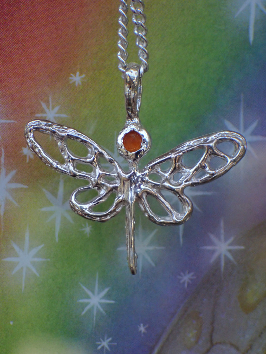 Dragonfly Pendant | Molten Dragonfly Necklace with Custom Gemstone in Gold or Silver