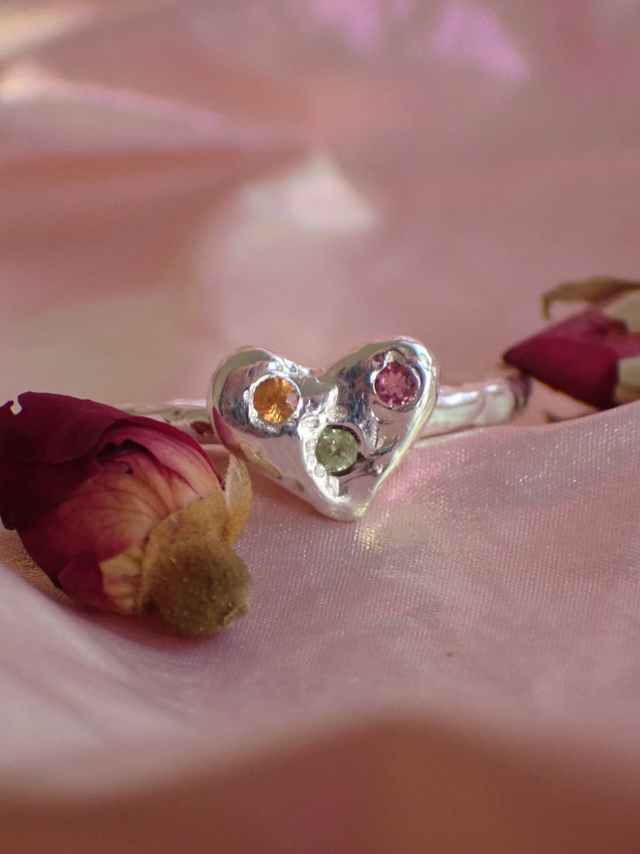 Wonky Confetti Heart Ring | Custom Gemstone Gold or Silver Heart Ring (Made to Order)