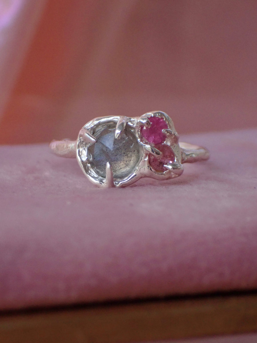 Pink Aurora Band  | Labradorite and Pink Tourmaline Silver Ring